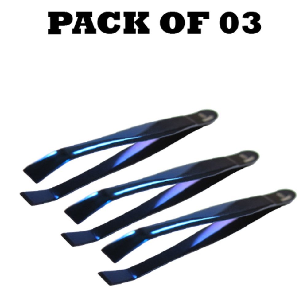Forgica Blue Tweezers Curved Titanium Color For Long Lasting Pack of 03